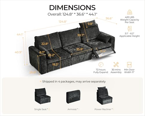 Image of 124.8'' Oversized Power Recliner Sofa with Headrest, Extra Wide Deep Modular Cloud Sectional Reclining Couch Wall Hugger, Convertible 3-Seater for RV Home Theater Living Room, Chenille, Black