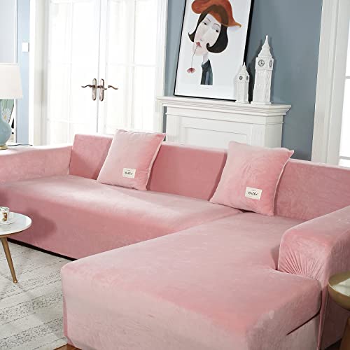 Mifxin Sectional Sofa Covers 2 Piece Stretch Velvet L Shape Couch Slipcovers Elastic Sectional L-Shaped Sofa Furniture Protector With 4Pcs Pillow Covers (Velvet Pink) #TOP2
