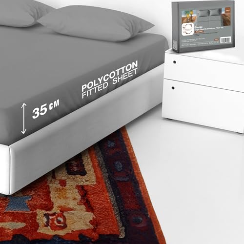 cottonople Sábana bajera ajustable individual de polialgodón gris (90 x 190 + 35 cm) con 1 funda de almohada (50 x 75 cm), juego de sábanas transpirables para cama individual, hipoalergénica y