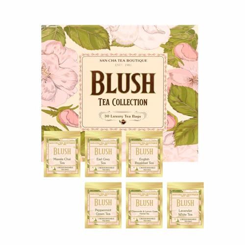 Image of Sancha Tea Boutique, Blush Tea Selection, Luxury Gift Box with 30 Pyramid Bags, Individually Wrapped Assortment of Green, Black, White & Herbal Infusions, Premium Gifting Hamper