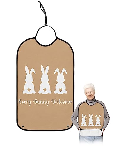 Spring Easter Adult Bibs for Eating, Waterproof Bibs with Food Catcher & Adjustable Snap Closure, Every Bunny Welcome Vintage Beige Washable Clothing Protectors Adult Bibs for Elderly Women/Men