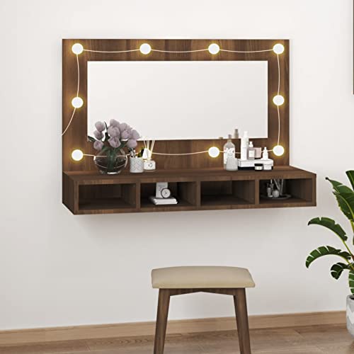 Gecheer Spegelskåp med LED ek brun 90 x 31,5 x 62 cm, badrumsspegelskåp, badrumsskåp med spegel, badrumsspegel, badrumsspegel, P820459