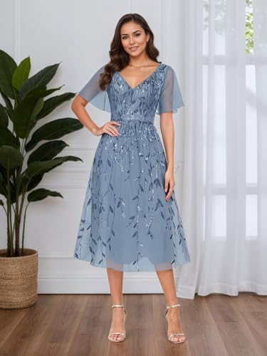 Tea Length Mother of Bride Dresses Short Sleeve Sequin Embroidery Formal Wedding Guest Dress2