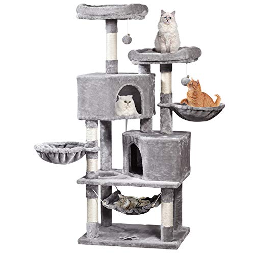 MQFORU Arbre à Chat avec Griffoir, Hamac, 2 Plateformes, 2 Niches, 2 Paniers, Hauteur 145 cm, Tissu Peluche, Poteau de Sisal, Centre d'activités, Tour de Jeux Grande capacité, Gris Clair