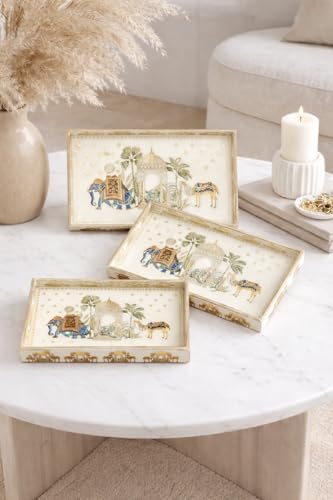Image of Premium Wooden Serving Tray Set of 3 | Ethnic Indian Art Printed Tea, Coffee & Snack Trays | Decorative Multipurpose Home & Kitchen Serving Tray (C-03)