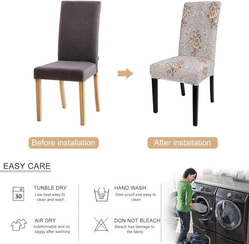 Image of Styleys Elastic Chair Cover Stretch Removable Washable Short Dining Chair Cover Protector Seat Slipcover (Set of 4, Beige Iris, SD3044)
