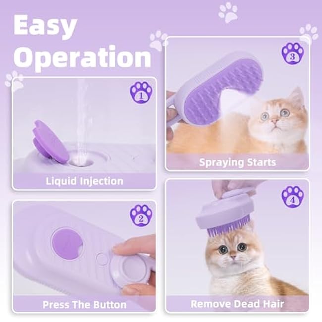4-in-1 Rechargeable Anti-Dandruff Pet Steam Brush ¡ª brush for sheddingCats & Dogs,pet hair removal tool. Integrating functions of massage,clean, hair grooming and anti-static (purple)-PVSABSRv