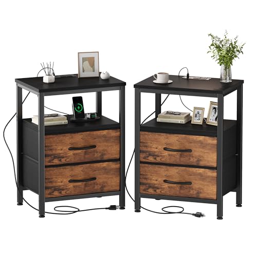 OLIXIS Nightstands Set of 2 with Charging Station, Bedside Table with USB Ports & Type-C, 2 Fabric Drawers Night Stand with Open Shelf, Compact End Table for Bedroom, Black & Rust