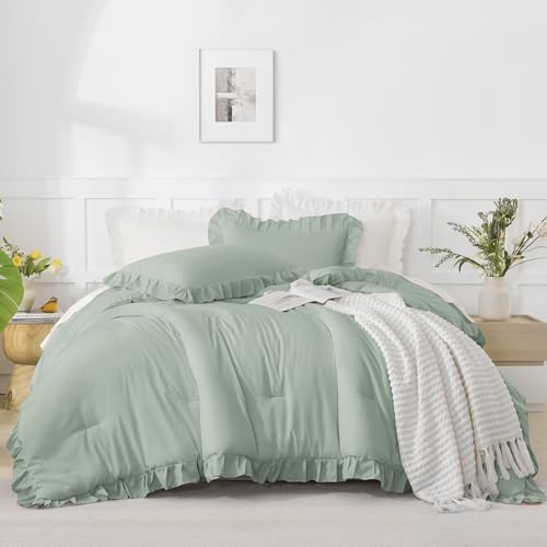 Image of Andency Sage Green Comforter Set Full, 3 Pieces Lightweight Soft Ruffle Bed Comforter, Farmhouse Rustic Fluffy Polyester Down Alternative Bedding Set (79x90Inch Comforter)