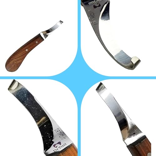 Image of Hoof Knife Single Sided Edge Curved Blade - Stainless Steel Curved Blade Farrier Tool with Wooden Handle, Multipurpose Hoof Trimming Knife for Livestock, 3-Inch Blade, 8.5-Inch Overall