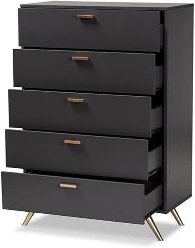 Miniatura 4 de Baxton Studio Kelson - Cómoda moderna y contemporánea con 5 cajones de madera con acabado gris oscuro y dorado
