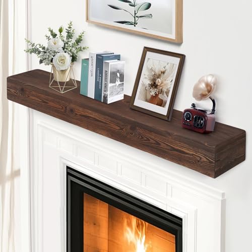 G GOOD GAIN Fireplace Mantel 54inch - Handmade Rustic Wood Mantel for Over Fireplace | Wall Mounted Floating Mantle Shelves for Living Room Decor(Chocolate, 54Lx5Hx8D)