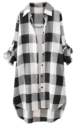 [セカンドルーツ] シャツ ロング チェック 柄 シャツワンピース ロールアップ 長袖 ゆったり 可愛い 春 秋 コーデ お洒落 ビックサイズ 体型カバー ルームウェア 普段着 長い袖 おしゃれ だぼっと かわいい 可愛い ファッション ゆるい ラフ l サイズ 前開き かじゅある 原宿 トラベル 部屋着 高校生 マタニティ はおり 黒 ブラック 4S-R06-BKL（Amazon）