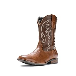 IUV Cowboy Boots For Men with Wide Square Toe Western Retro Boot Durable Classic Fashionable Embroidered Pull On Slip Resistant Boots