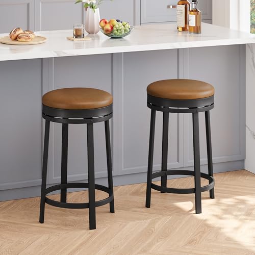 IDEALHOUSE 24 Swivel Bar Stools Set of 2 with Footrest Modern Counter Height Barstools with PU Leather Upholstered and Metal Frame Backless Round Bar Stools for Kitchen Island Brown