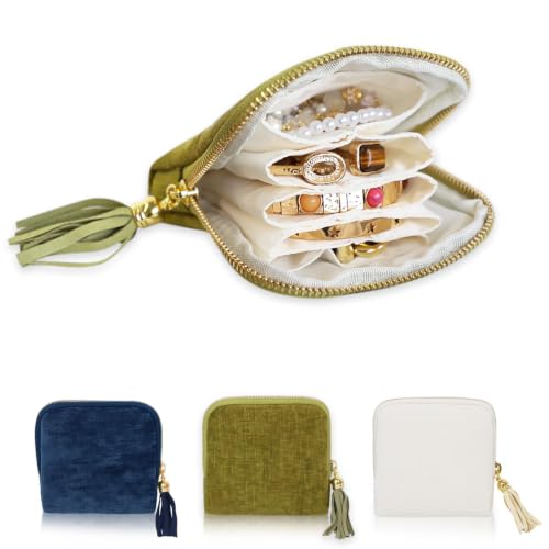 Stratalife Travel Jewelry Case Organizer for Women Wedding Gifts Portable Velvet Pouches for Travel Essentials Jewelry Crystal Bracelets Necklace Storage Ring Holder Green Tassel