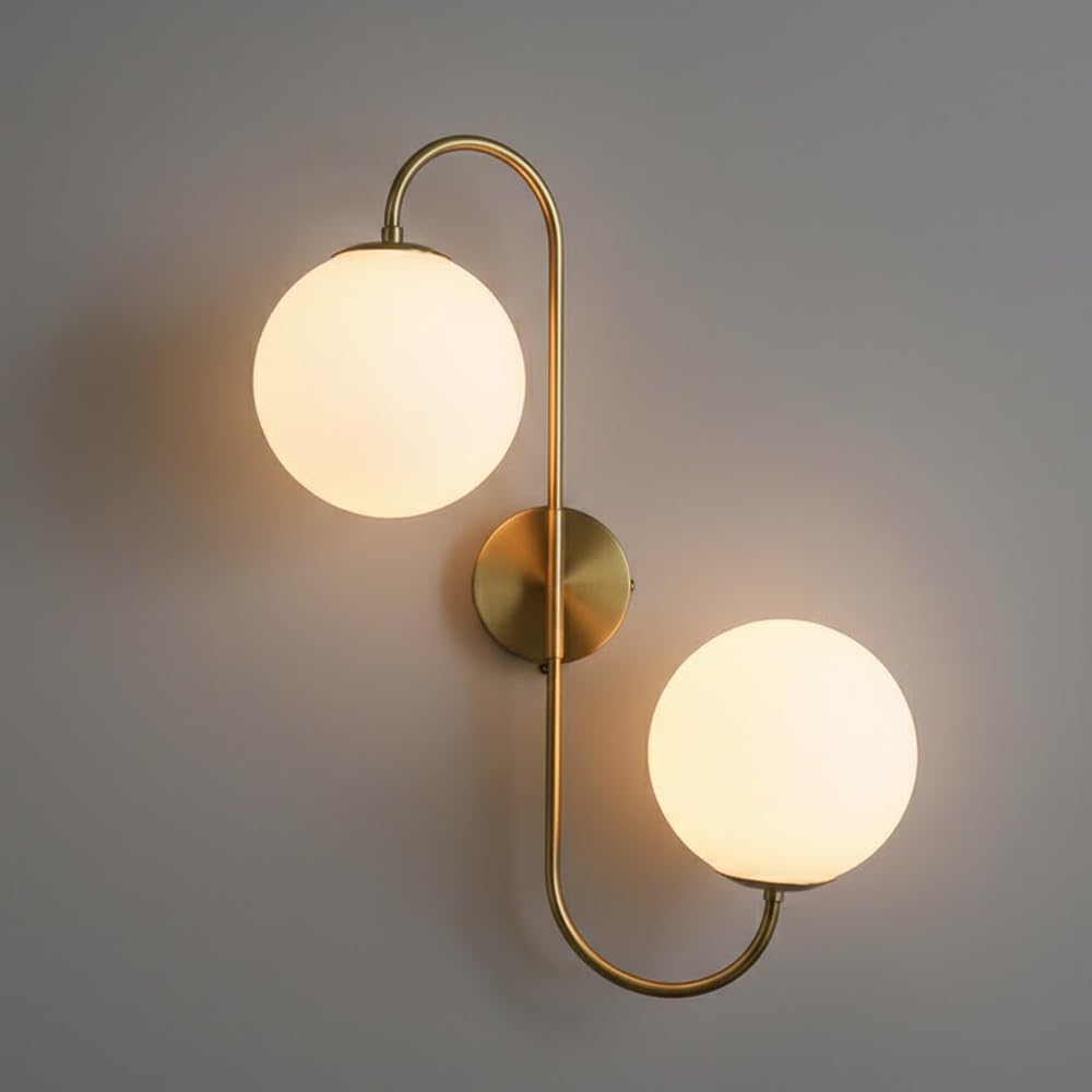 NHPJFDC Modern Minimalist Gold Brass Wall Sconce, Two-Light Opal Glass Globe Vertical Wall Lamp, Hardwired E26 Base Fixture for Bedroom, Living Room, Hallway, Staircase, Entryway.