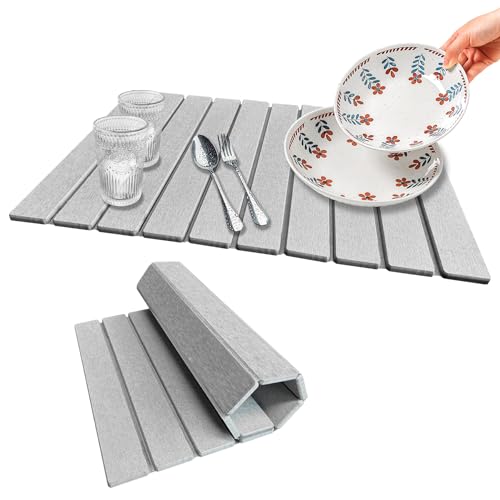 Stone Dish Drying Mat For Kitchen & Bathroom - Diatomaceous Earth, Quick Dry, Collapsible, Non - Slip Pvc, Rounded Corners, 15.4 X 23.6 IN, Absorbent, Natural Material For Dishes, Cups & More