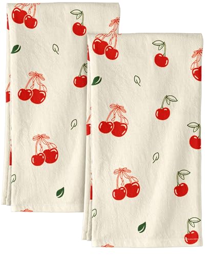 Image of Miss Adola Flour Sack Kitchen Towels Set of 2-18x26 Cotton Dish Towels with Hanging Loop Reusable Tea Towel for Cleaning Spring Absorbent Dishcloths Cute Home Decor Housewarming, Bow Cherry