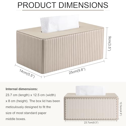MFUSUL PU Leder Taschentuchbox Beige Rechteckig,Wiederverwendbare Kosmetiktücher Box für Wohnzimmer Badezimmer Büro Deko (25x14x9cm)