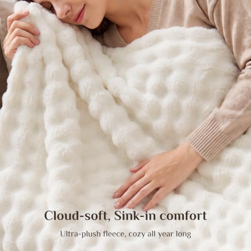 Image of BEDELITE Cream White 3D Fleece Bubble Throw Blanket for Couch, 50x60 Inches | Fluffy Blanket for Sofa Bed Dorm Room Decor, Luxury Soft Warm Cozy Plush Fuzzy Throw Blankets Gift for Women, Lightweight