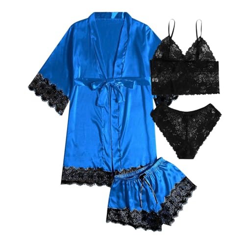 Generisch Pijama para mujer de 4 piezas largo de satén, ropa de salón sexy, ropa interior de encaje, pantalones cortos, camisón y calzoncillos, ropa de dormir suave, traje de casa