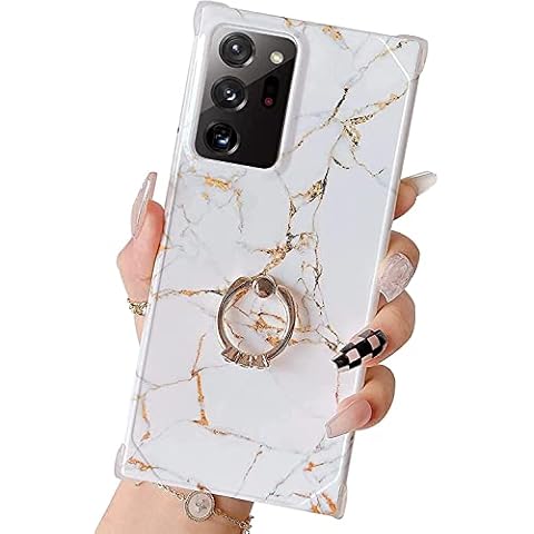 Cnarery for Samsung Galaxy Note 20 Ultra Case with Ring Holder Diamond Rhinestone Marble Cute Luxury Chic Glitter Bling Silicone Protective Phone Case (White Marble) Cover