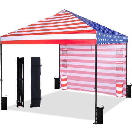 Tunbne 10'x10' Pop Up Canopy Tent with 1 Sidewall and 6 Pockets, One Push Setup, Instant Shade Tent with Vented Roof for Beach Patio Outdoor, Case, 8 Stakes, 4 Ropes, 4 Sandbags (Flag, 10x10)
