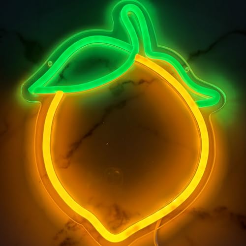 Image of Lemon Neon Sign Cute Fruit Shape Neon Light Fruits Light Up Signs for Wall Decor Apartment, Bar, Kids' Room,Yellow Led Sign for Birthday Party Bedroom,11.5 * 10.3in