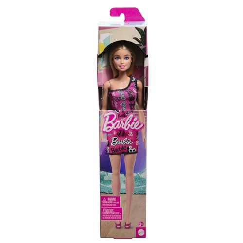 Barbie Muñeca de moda con pelo rubio y liso, vestido con un hombro al descubierto y zapatos rosas con el logotipo - Para niños y niñas + 3 años, HRH07