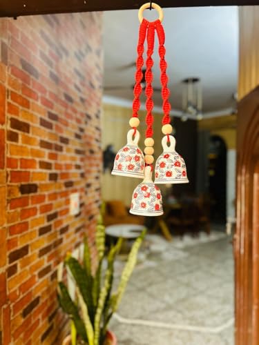 Image of RHD Bring Harmony Home - with The Soothing Chime of Macrame Symphony Ceramic Bells! inch Set of 3 Ceramic Hanging Bells Large Size(5 inches) with Hooks for Wall,Home, Garden Decor