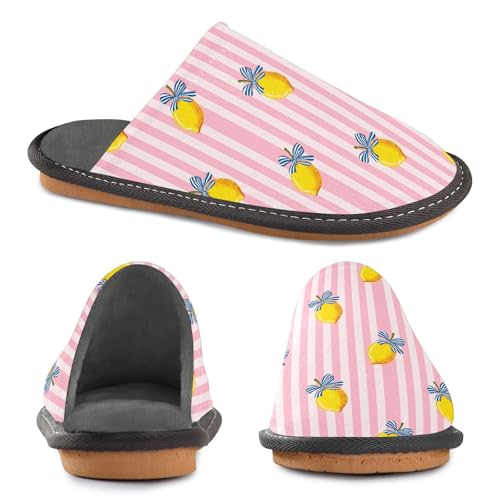 Slippers for Women Yellow Lemon Pink Stripe Pattern Soft Winter Warm Shoes Indoor Outdoor Non-Slip House Travel Slippers4