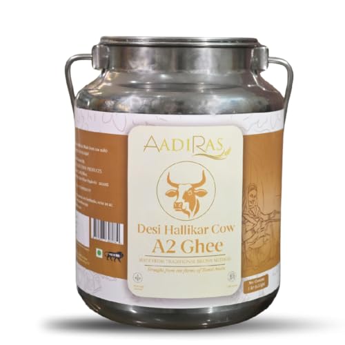 Image of Aadiras A2 Hallikar Desi Cow Ghee | Bilona Curd-Churned Method | Pure, Danedar and Aromatic | Grass Fed and Non GMO | Easy to Digest | Lab Tested | Steel Dolchi - 5 Litre