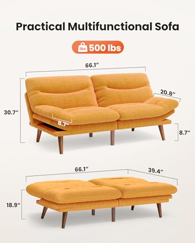 Image of Amada 66 inch Convertible Futon Sofa Bed, Corduroy Folding Futon Set with Adjustable Backrest &Armrests, Recliner Lounge for Living Room, Apartment or Office, Solid Wood Frame, Loveseat Sofa - Orange