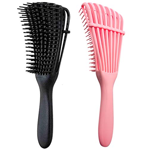 J TOHLO Cepillo desenredante, Cepillo desenredante para cabello afro, peine para desenredar para cabello afroamericano 3a 4c, Mojado, Para Rizado, Grueso, Ondulado, (Negro + Rosa)