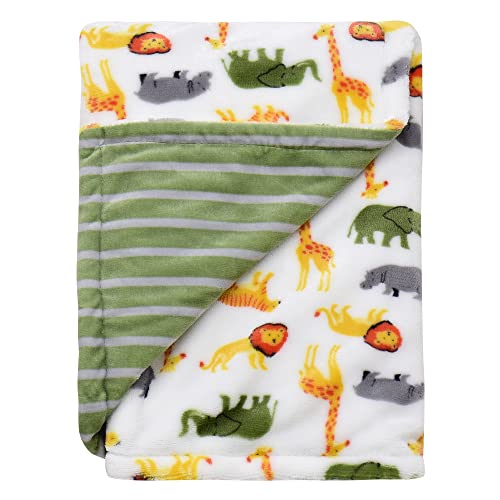 Image of Little Me Plush 2-Ply Baby Blanket, 2 Sided Reversible, 30" x 40" Jungle Animals (Green Safari Print)