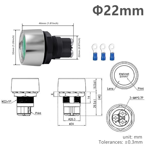 Interruptor de arranque de 22mm y 12V con botón pulsador momentáneo y LED rojo para barcos 6
