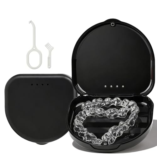 Capa retentora, compatível com Invisalign, Vivera, estojo alinhador fino com orifícios de ventilação, recipiente ortodôntico portátil com ferramenta de remoção, escova e cordão, preto