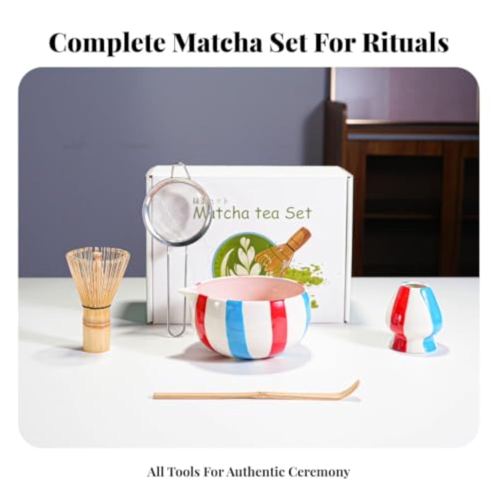 Ceramic Matcha Tea Set with Sifter, Bamboo Matcha Kit