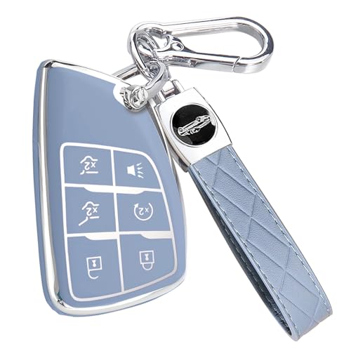 Image of Key Fob Cover for Chevy GMC with Keychain, Tahoe Suburban Equinox Traverse Yukon Denali Terrain Buick Envision Premium Soft TPU Case (6 Buttons Blue)