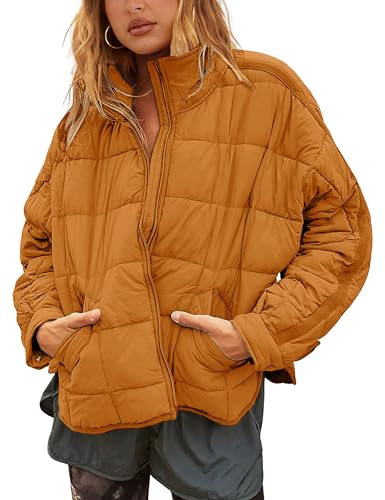Bianstore Women's Oversized Splice Quilted Lightweight Puffer Jacket Casual Padded Coat(Ginger-XL)