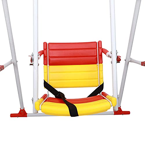 Image of BabyGo Kids Swing for 1-5 Years | Heavy-Duty Metal Frame Baby Swing Seat with Safety Belt | Indoor & Outdoor Foldable Toddler Swing | 30kg Capacity | Easy DIY Installation - Yellow & Red