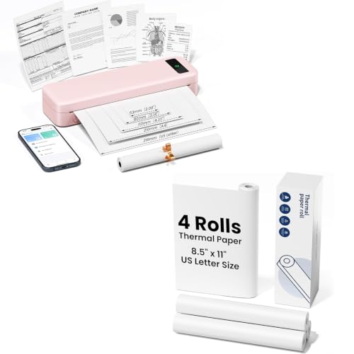 Image of TATTMUSE Bluetooth Portable Thermal Printer Pink & 5 Rolls 8.5 inch x 11 inch US Letter Thermal Paper
