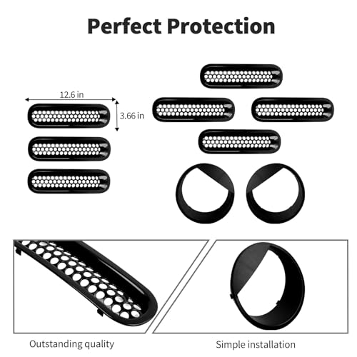 Image of JWWY Front Grille Insert Radiator Grille Grillwork Surround Assembly Inserts Headlight Headlamp Cover Trim Set Fit for 2007-2017 Jeep Wrangler JK JKU Exterior Accessories 9pcs Black