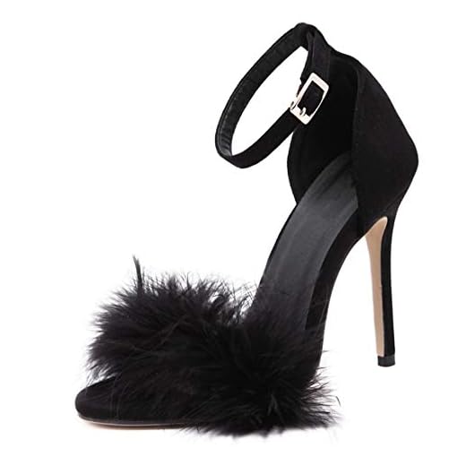 YIBLBOX Sexy Black Heels Feather Sandal Ankle Strap Stiletto Pump Women’S Feather Heels Tie Up Sandals Sexy Black Heels for Women for Wedding Party Dance Evening