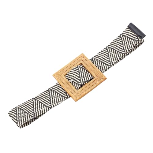 Women's Stretch Braided Belt Boho Square Buckle Summer Beach Raffia Holeless Flexible Chunky Thick Straw Rattan Belt