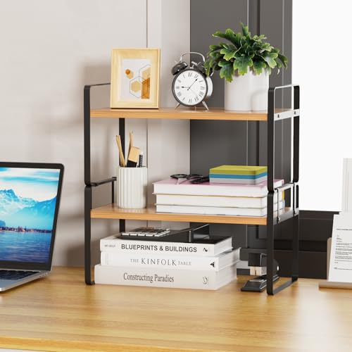 Image of YGYQZ Desk Shelf Organizer for Top of Desk, Detachable 2 Tier Desktop Bookshelf, Wooden Desk Shelves Storage Rack, Small Desktop Shelf for Office Home Dorm, Tabletop Desk Organizer Stand (Black Wood)