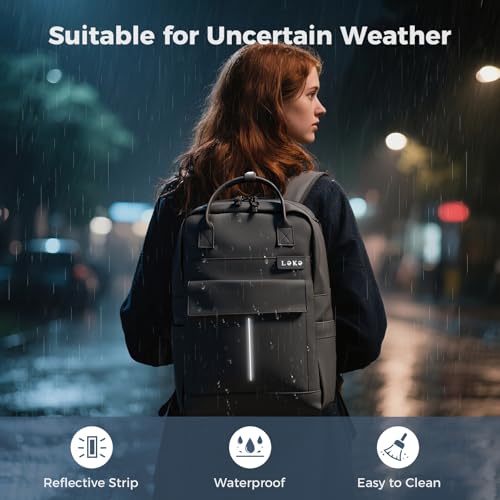 Lekespring Rucksack Wasserdicht Damen Herren, 15,6 Zoll Leder Laptop Schulrucksack mit Laptopfach, Groß Reiserucksack Arbeitstasche, Minimalistischer Backpack Women Elegant für Reise Uni Büro-Schwarz