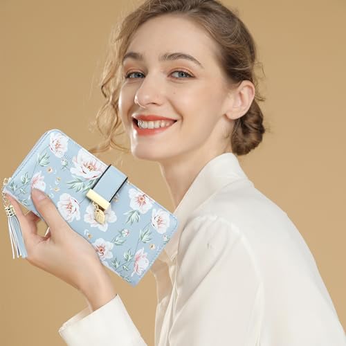 Image of RFID Wallets for Women with Multiple Card Slots and Cellphone Compartment, Womens Wallet, Printed blue peony, Modern