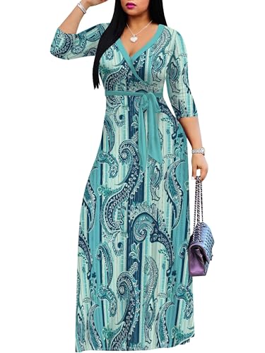 Image of PinkPatty Plus Size Maxi Dress for Women Casual V Neck 3 /4 Sleeve Boho Printed Long Dress with Pockets